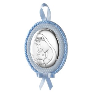 Icoana Maica si Pruncul Argint 9x12cm Albastru cu Melodie