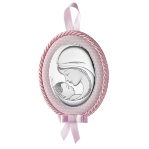 Icoana Maica si Pruncul Patut 9x12cm Roz cu Melodie