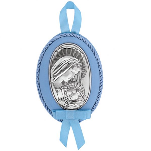 Medalion Maica Domnului Cu Pruncul Argint 11x8cm Albastru