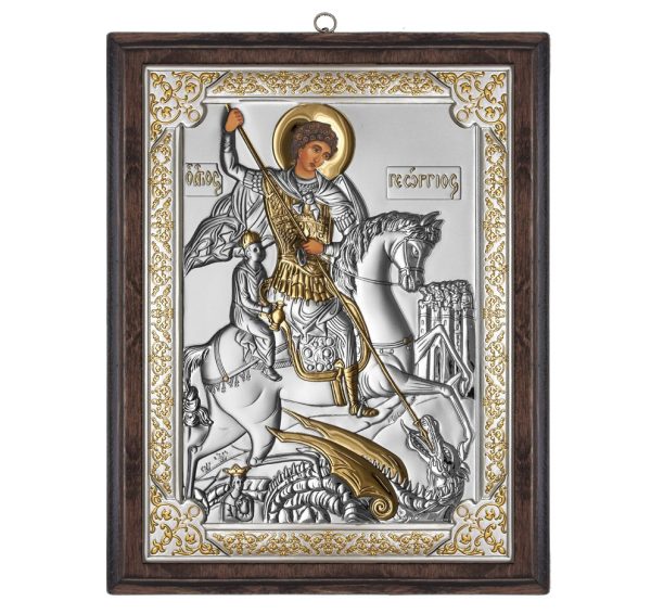 Icoana Sf Gheorghe Argint 10 x 14 Cm Color Rama Alba - imagine 3
