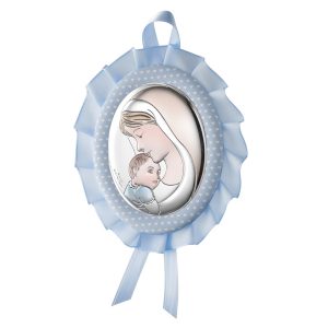 Medalin Maica si Pruncul Argint 10x13cm Albastru cu Melodie