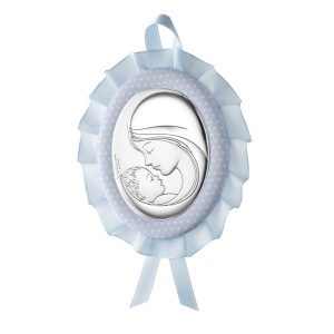 Medalion Maica si Pruncul Argint 10x13cm Albastru cu Melodie