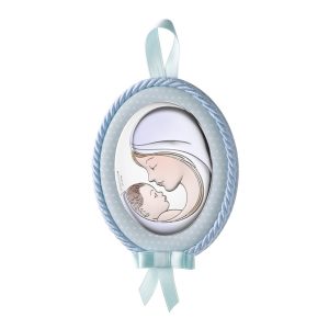 Icoana Maica si Pruncul Patut 9x12cm Albastru cu Melodie