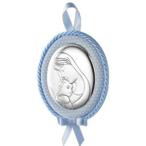 Medalion Maica Domnului si Pruncul Argint 9x12cm Albastru