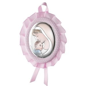 Medalion Maica si Pruncul Argint 10x13cm Roz cu Melodie