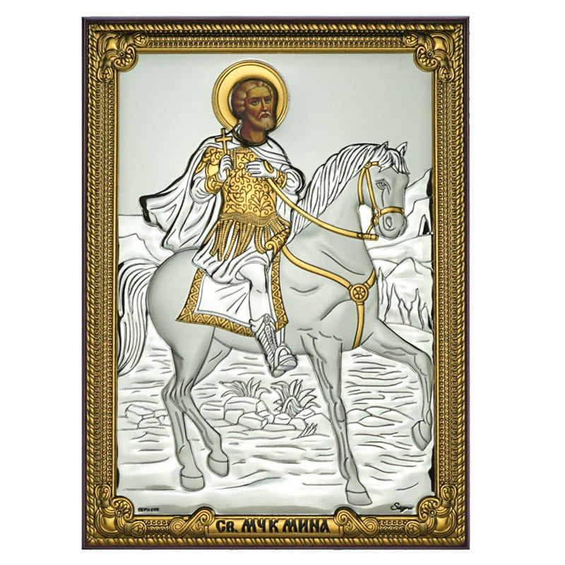 Icoana Sf Mina Ocrotitorul Pagubitilor Argint 13x18cm