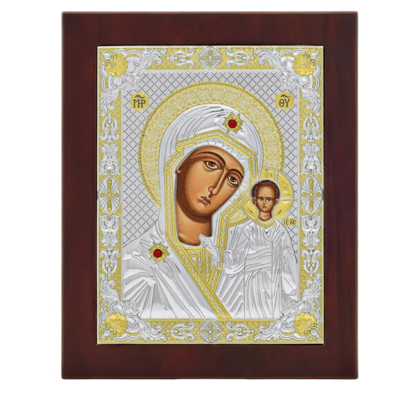 Icoana Maicii Domnului Kazan Argint 18x22cm Auriu - imagine 3