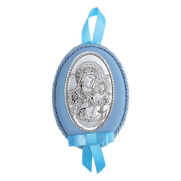 Medalion Maica Domnului Cu Pruncul Argint 8x11cm Albastru