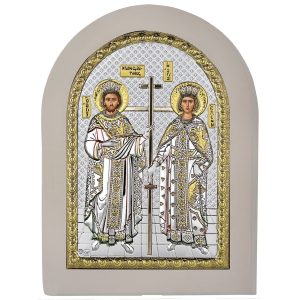 Icoana Sf Constantin si Elena Argint 15 x 21 Cm Rama Alba