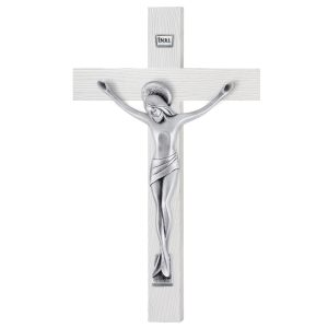 Cruce Lemn Alb si Crucifix Argint 23cm Mat Patinat