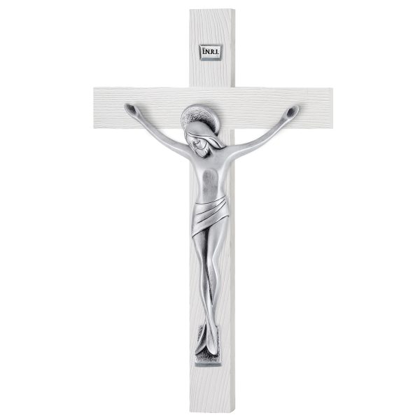 Cruce Lemn Alb si Crucifix Argint 23cm Mat Patinat