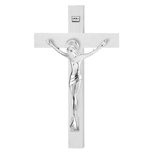 Cruce Lemn Alb si Crucifix Argintiu 31 cm