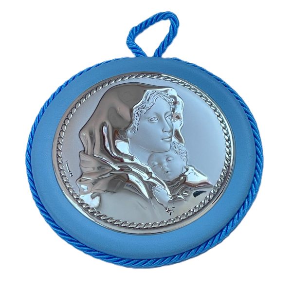 Medalion Maica Domnului Argint Patut 11 cm Bleu cu Melodie