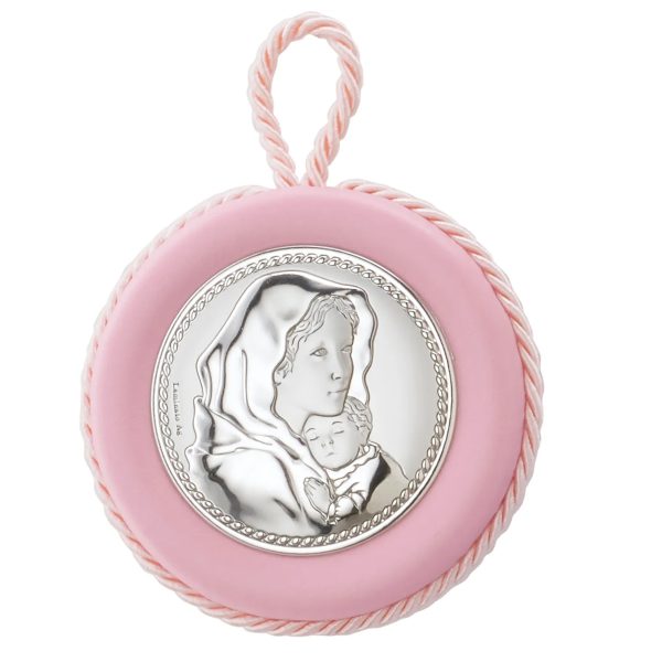 Medalion Maica Domnului Argint Patut 11 cm Roz cu Melodie
