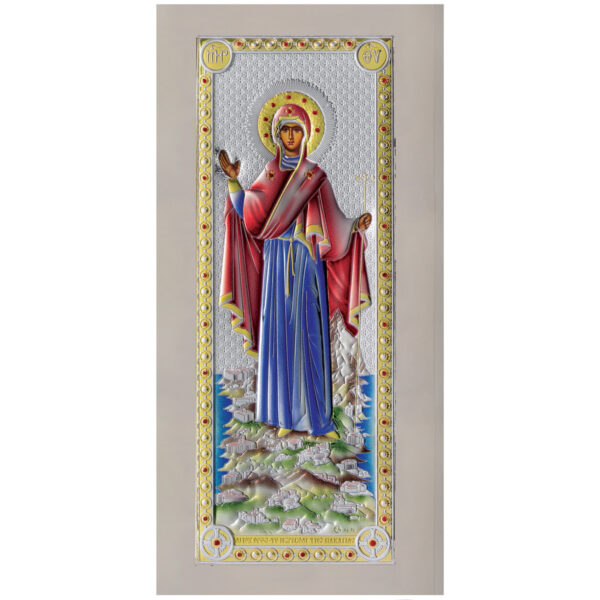 Icoana Maicii Domnului Athos Argint 14x29.5 cm Color Rama Alba