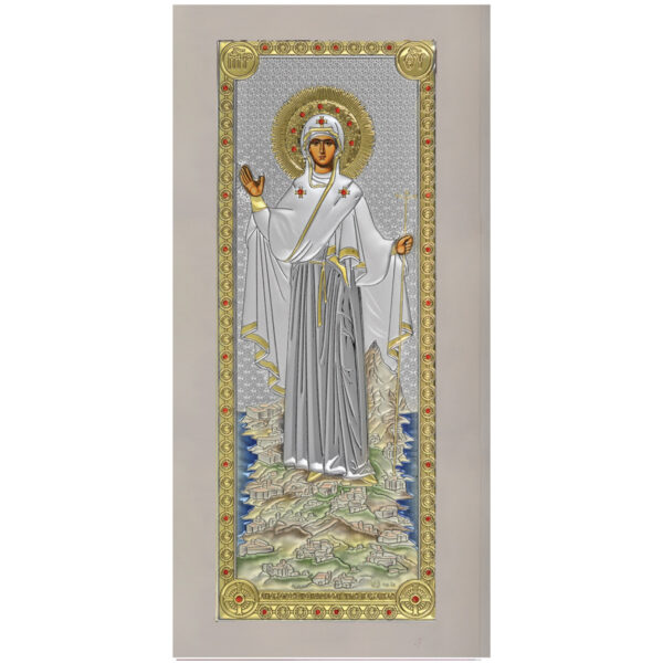 Icoana Maicii Domnului Athos Argint 14x29.5 cm Color cu Rama Alba