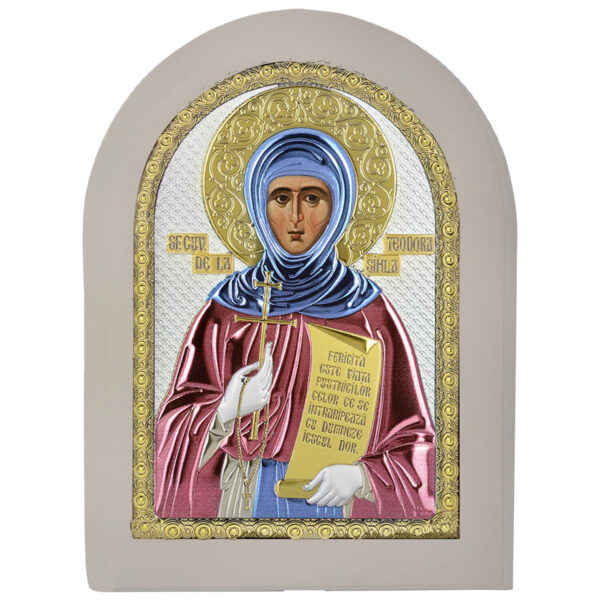 Icoana Sf Teodora de la Sihla Argint 15x21 cm Color cu Rama Alba