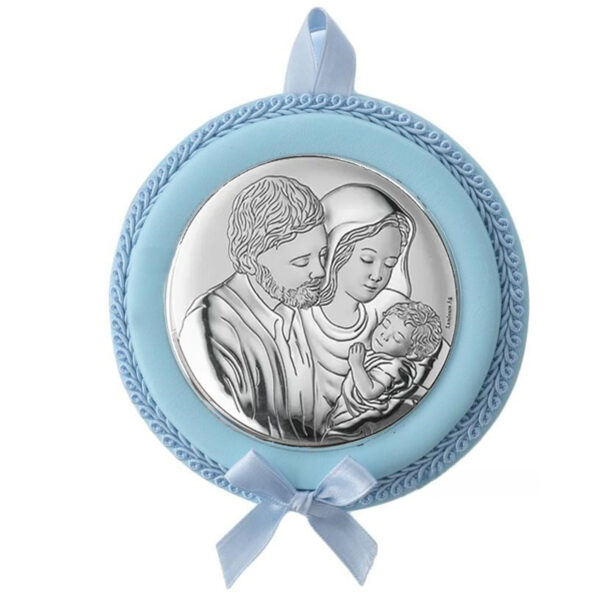 Medalion Patut Sfanta Familie Argint 11 cm Bleu cu Melodie