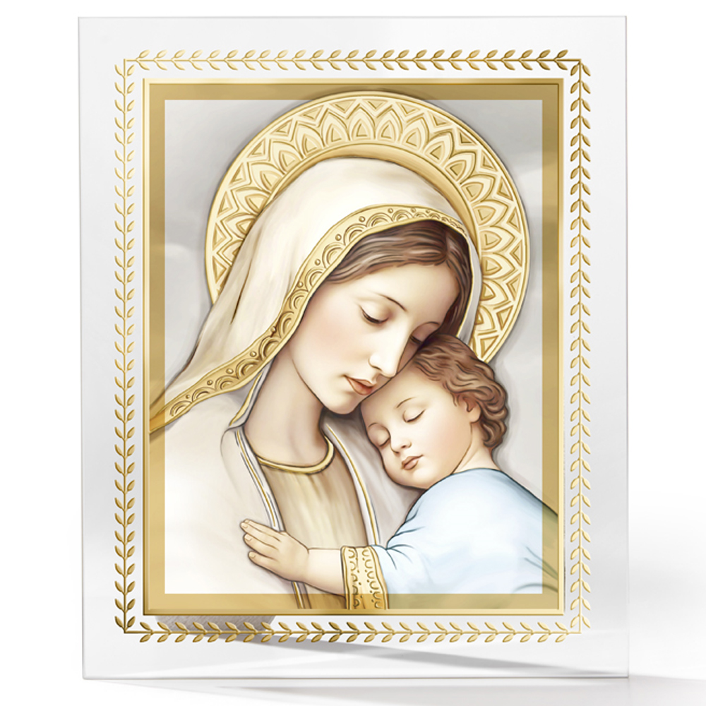 Icoana Maicii Domnului cu Pruncul Sticla 17x21 cm Foita de Aur