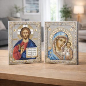 2 Icoane Argint Iisus Hristos si Maica Domnului 20x26 cm Color