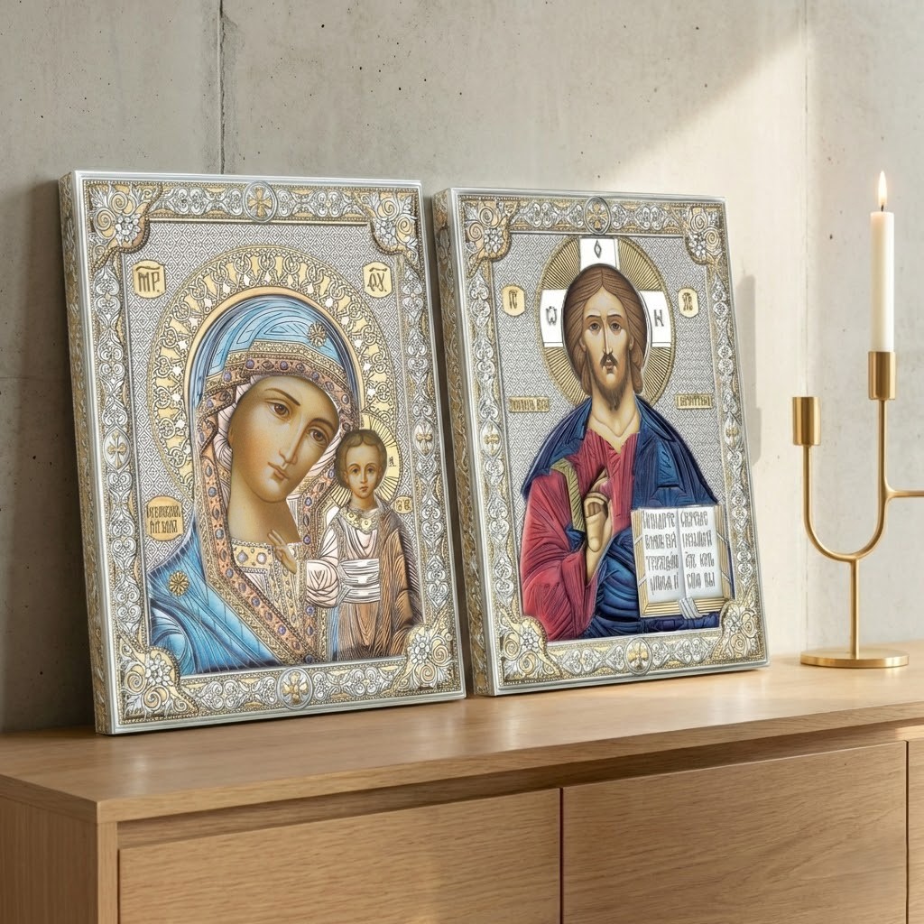 2 Icoane Argint Iisus Hristos si Maica Domnului 24x30 cm Color