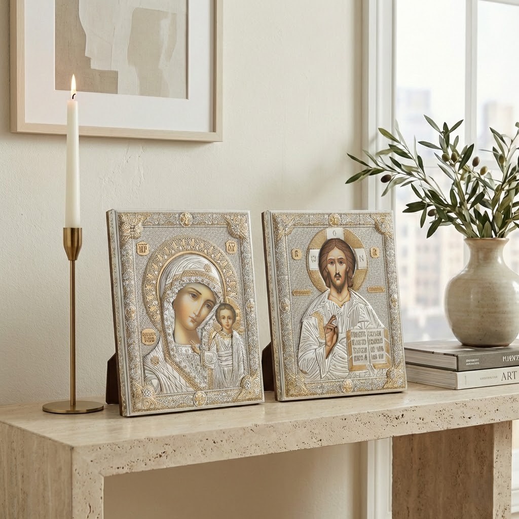 2 Icoane Argint Iisus Hristos si Maica Domnului 24x30 cm