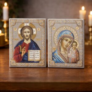 2 Icoane Argint Maica Domnului si Iisus Hristos 12x16 cm Color
