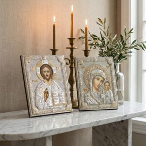 2 Icoane Argint Maica Domnului si Iisus Hristos 20x26 cm