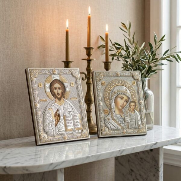 2 Icoane Argint Maica Domnului si Iisus Hristos 20x26 cm