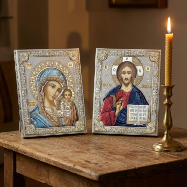 2 Icoane Argint Maica Domnului si Iisus Hristos 16x20 cm Color