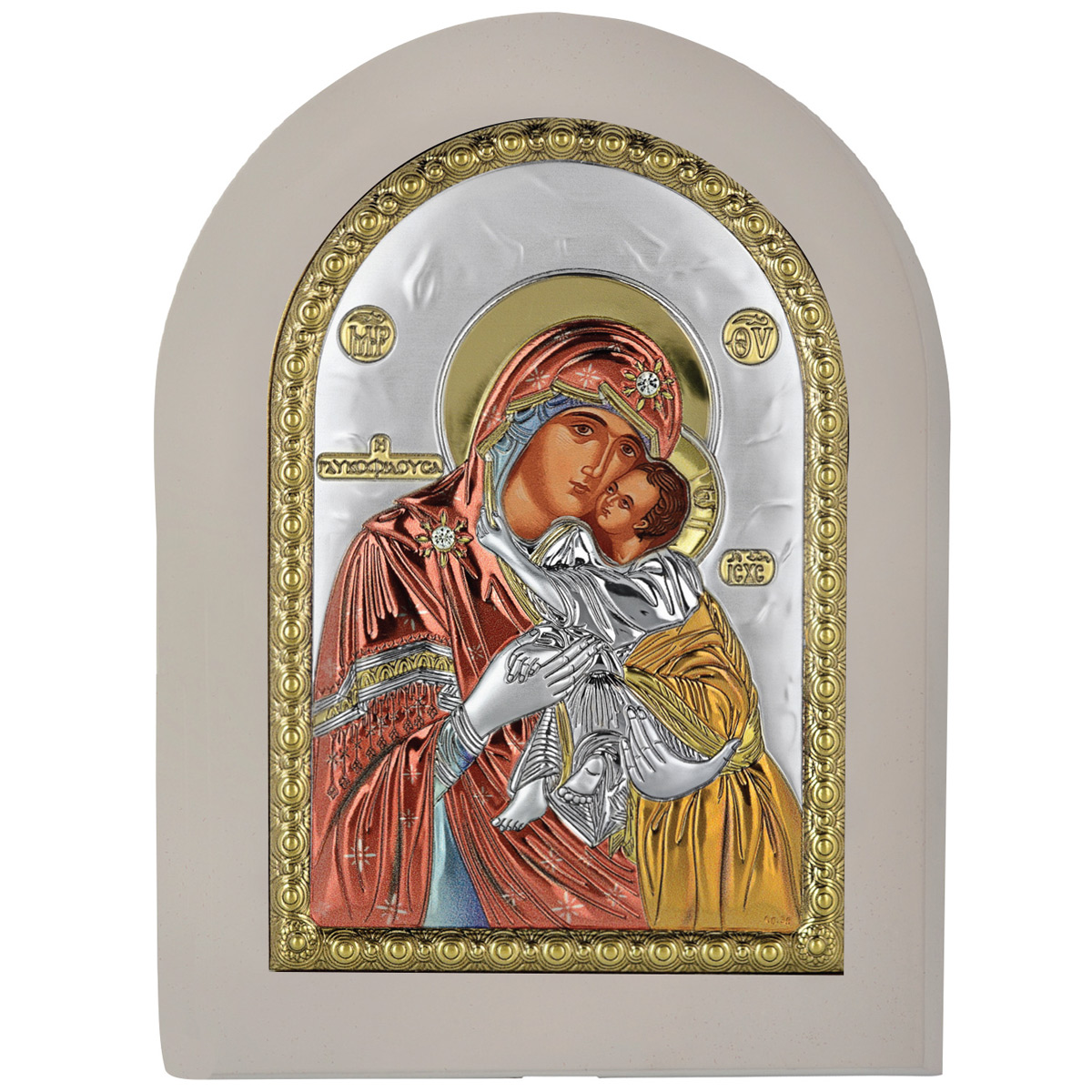Icoana Maicii Domnului Dulcea Sarutare Argint 6x9 cm Rama Alba