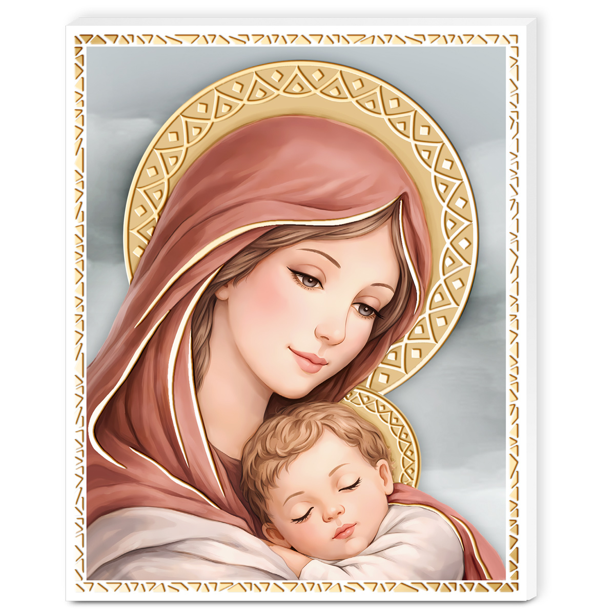 Icoana Maicii Domnului cu Pruncul 9x13.5 cm cu Foita de Aur